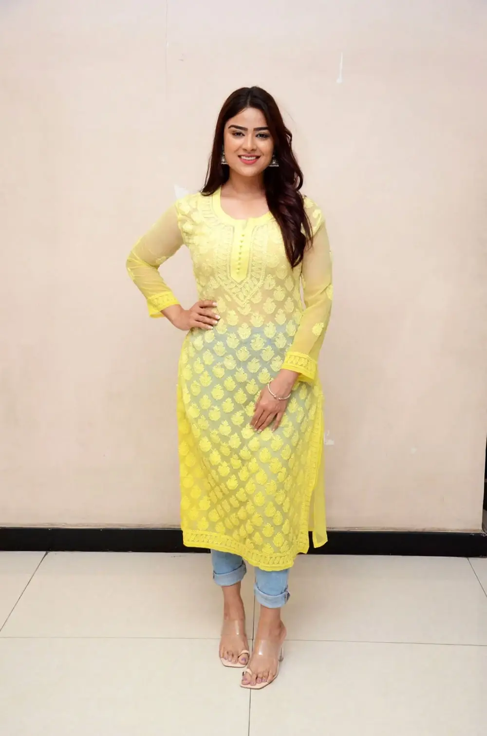 Beautiful Indian Girl Priyanka Sharma in Traditional Lemon Yellow Dress